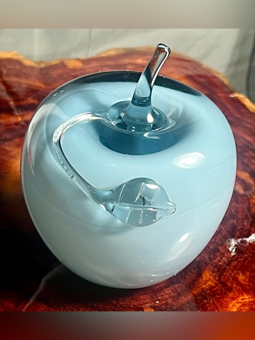 Vintage Fenton Blue/Gray glass overlay apple paper weight